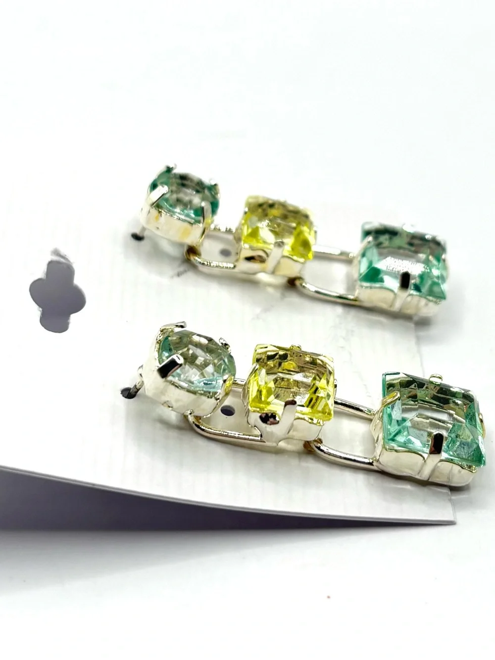 Tonal Green Yellow Crystal Tiered Square Drop Earrings in Silver Tone